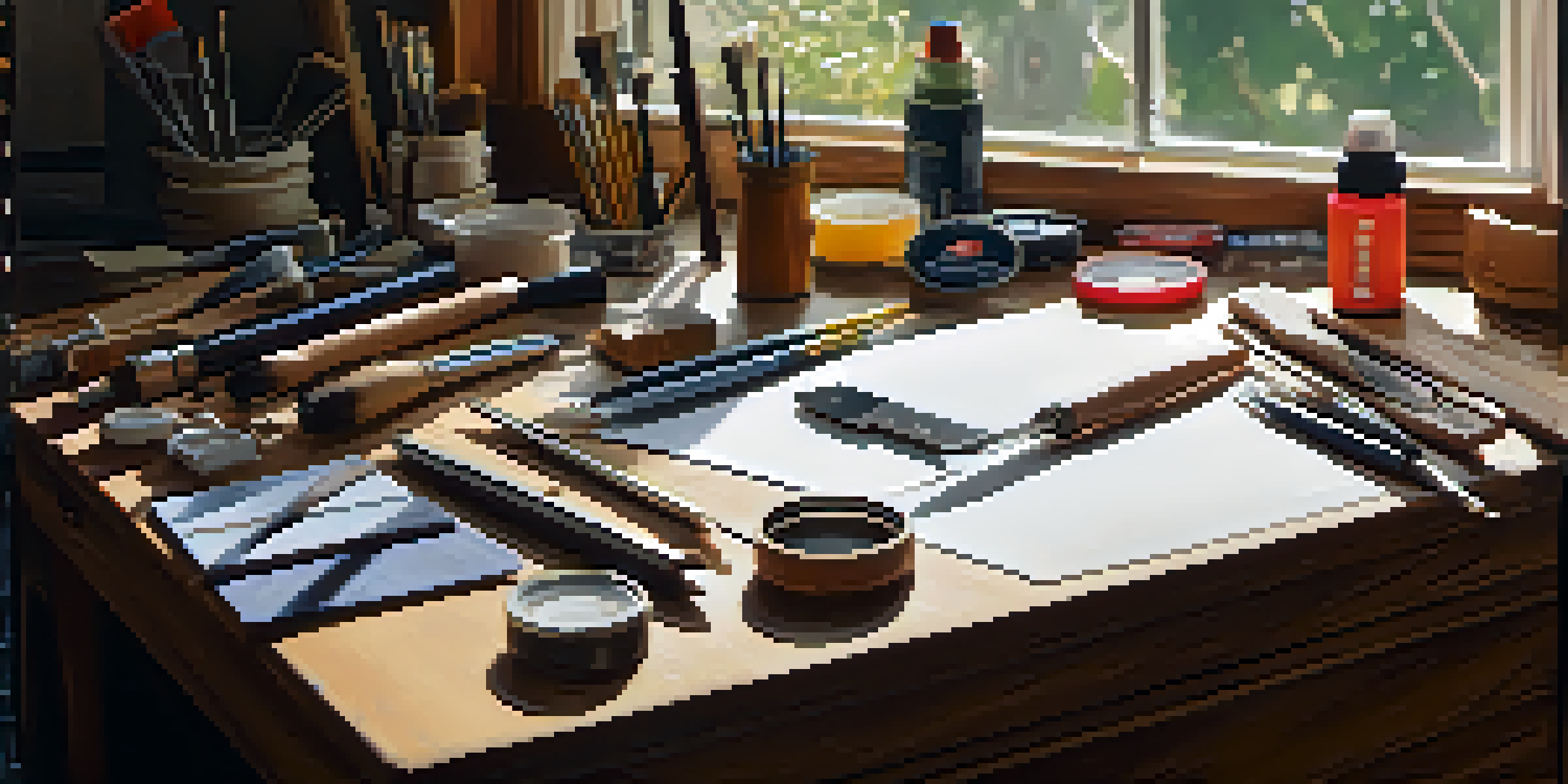 An organized scale modeling workspace with tools like a hobby knife and paintbrushes on a wooden table, illuminated by soft natural light.