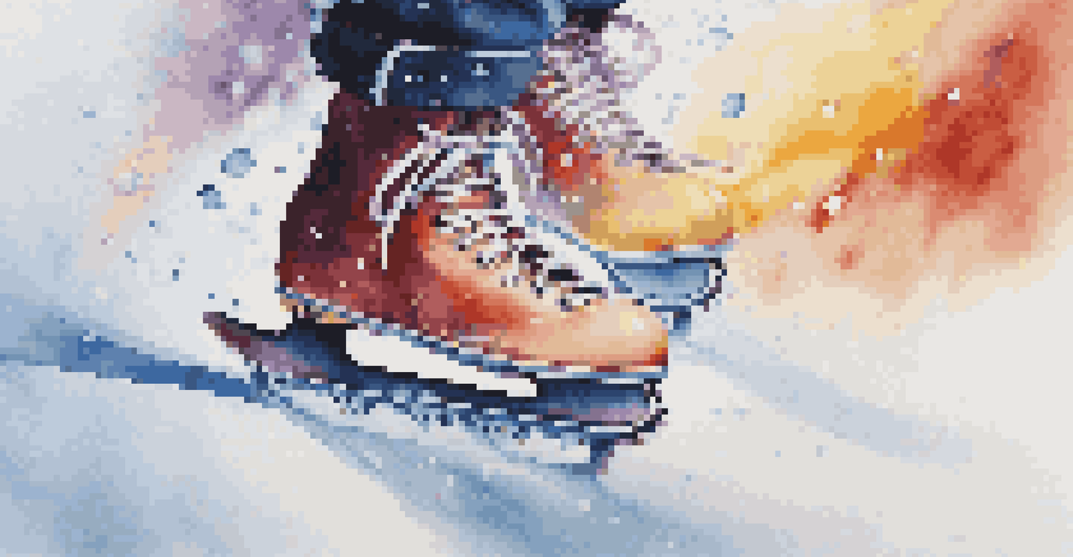 A close-up of a skater's feet gliding on the ice, with colorful reflections and flying droplets of ice.