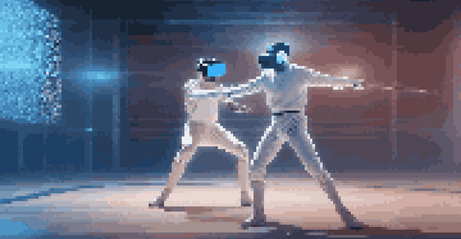 A fencer practicing in a virtual reality setup, wearing a VR headset and sword, with a digital opponent displayed on a screen.