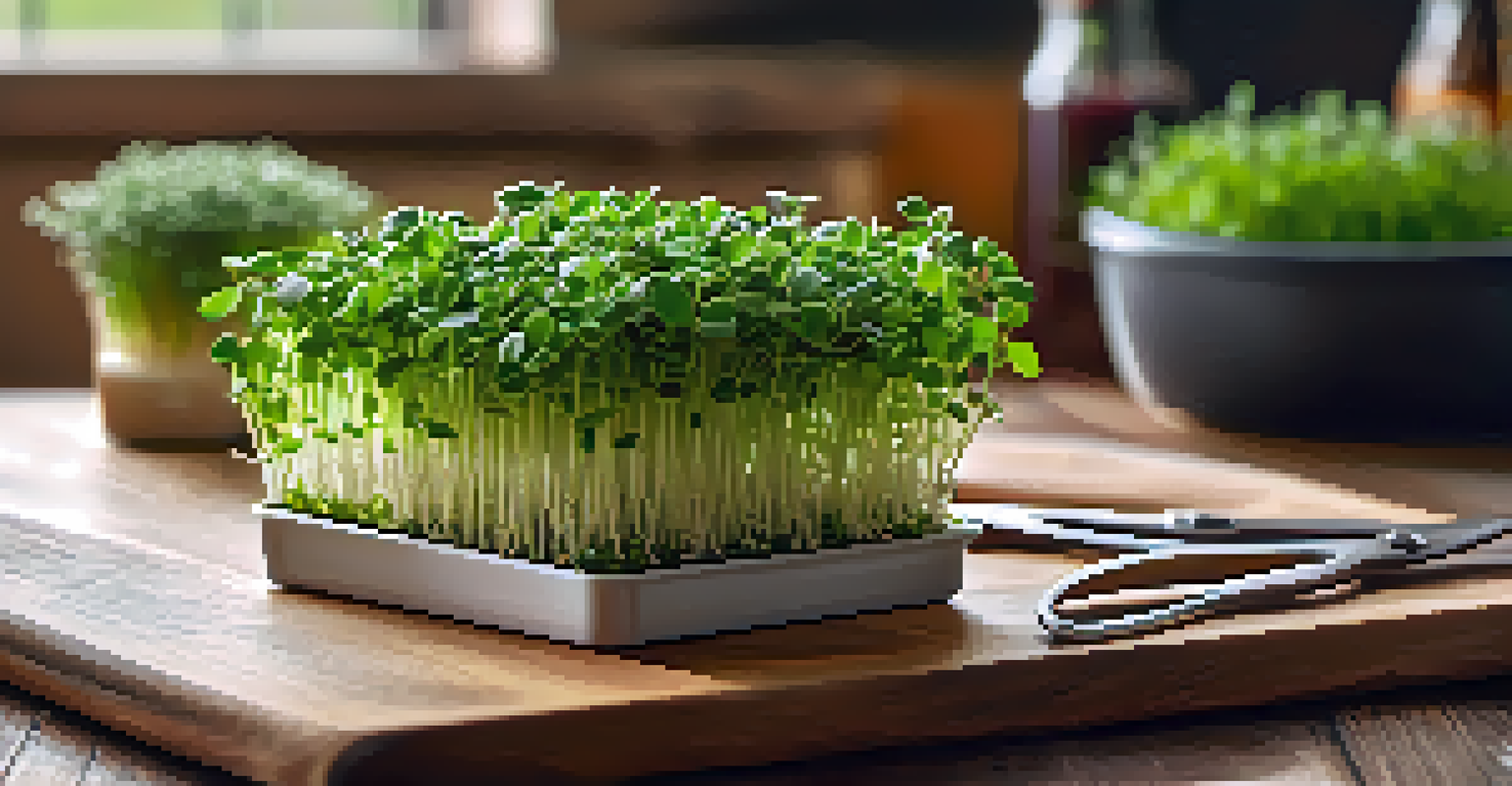 Close-up of freshly harvested microgreens on a cutting board with scissors, set against a blurred kitchen background.