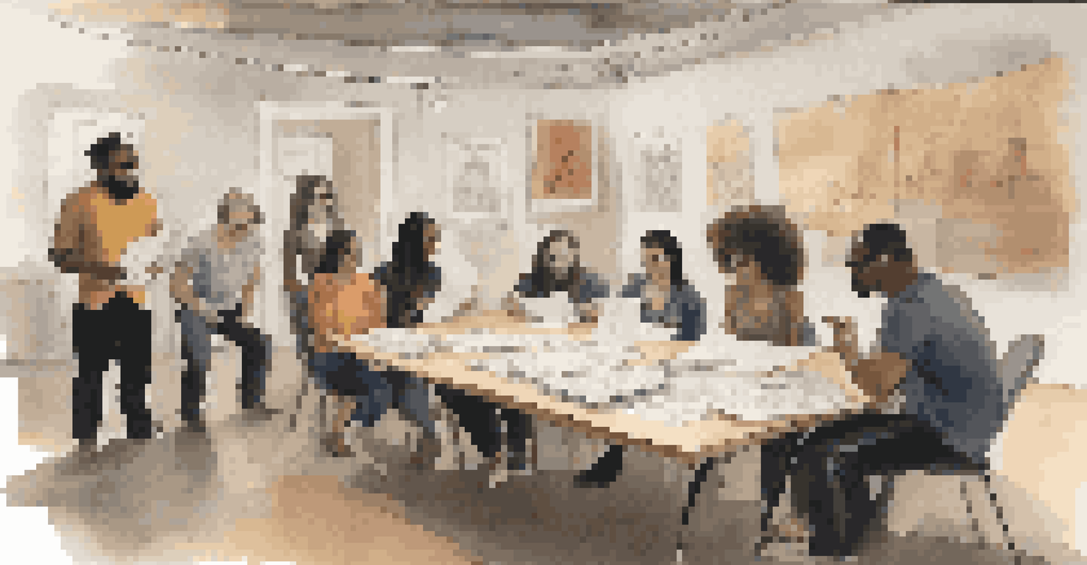 A diverse group of cast members and the production team collaborating around a table, with scripts and design sketches in a creatively decorated room.