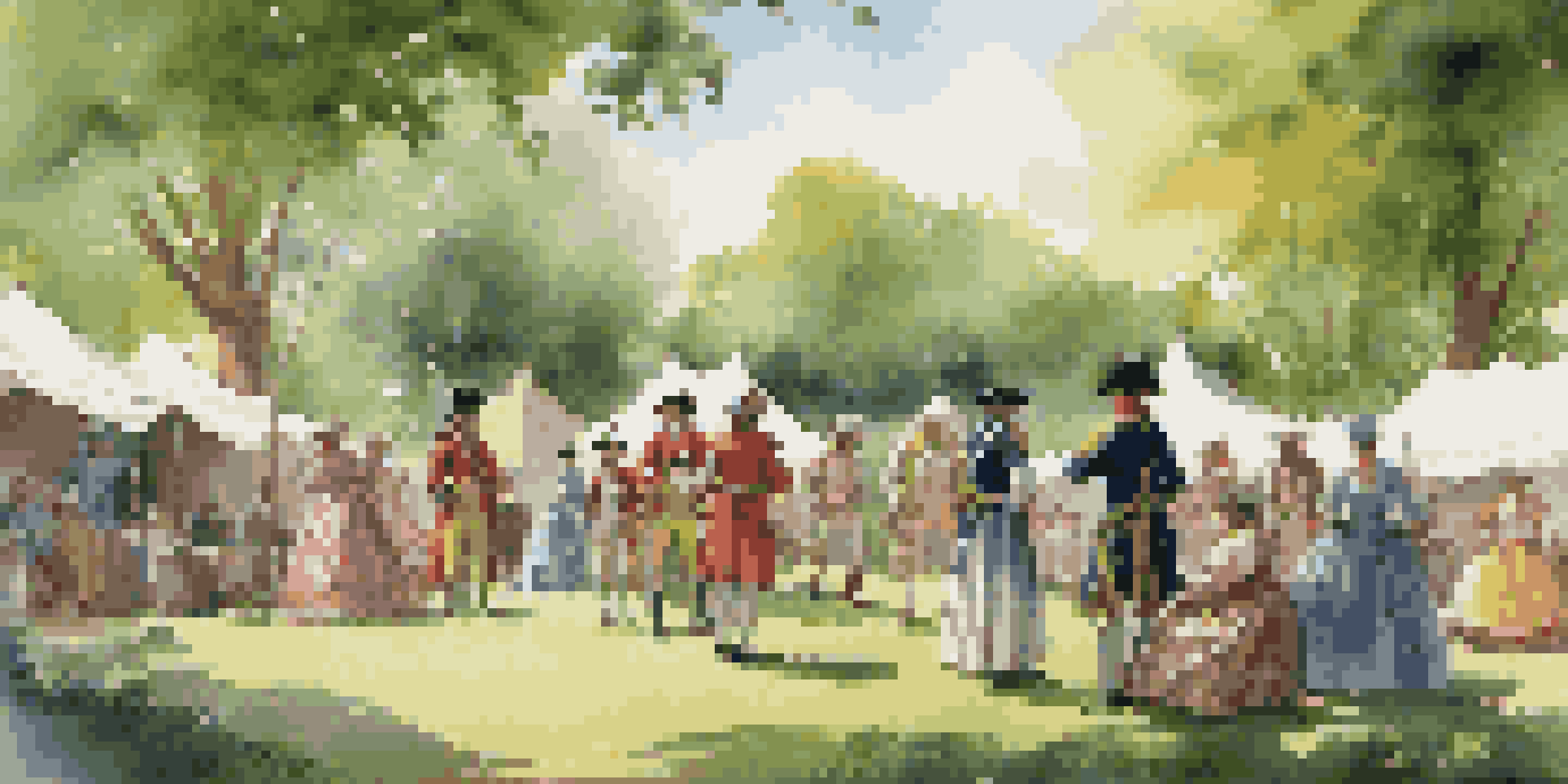 A lively historical reenactment event in a park, showcasing participants in 18th-century costumes engaged in conversation.