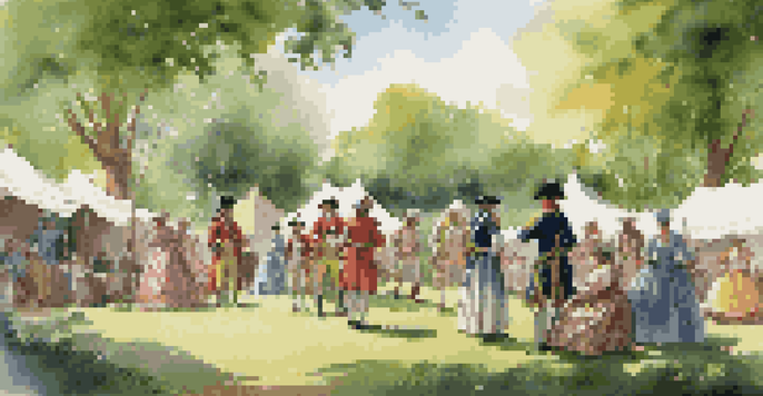 A lively historical reenactment event in a park, showcasing participants in 18th-century costumes engaged in conversation.