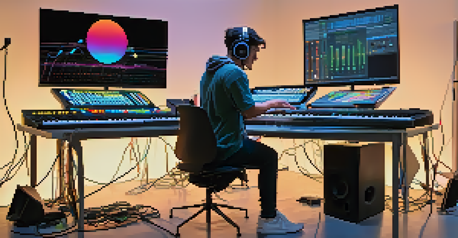 An artist in a modern studio, engaged in audio programming with various tools and colorful visualizations.