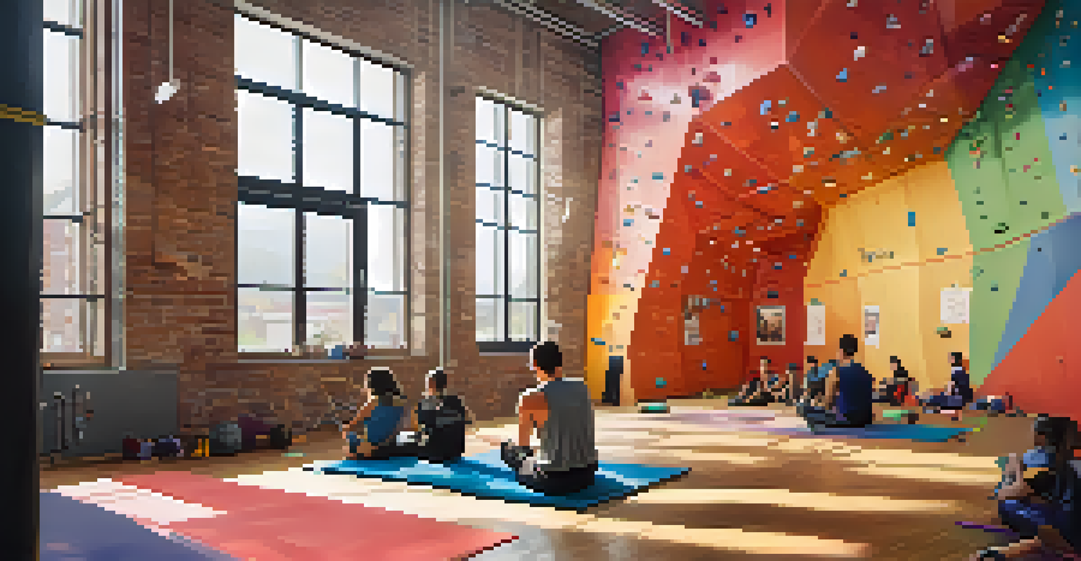 A climber sitting on a mat with a journal, reflecting on their competition experience in a climbing gym.