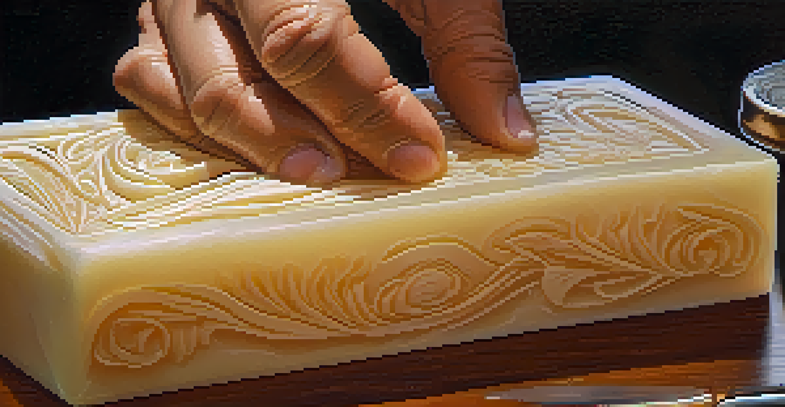 An artist's hands carving intricate designs into a bar of glycerin soap with a knife in warm lighting.