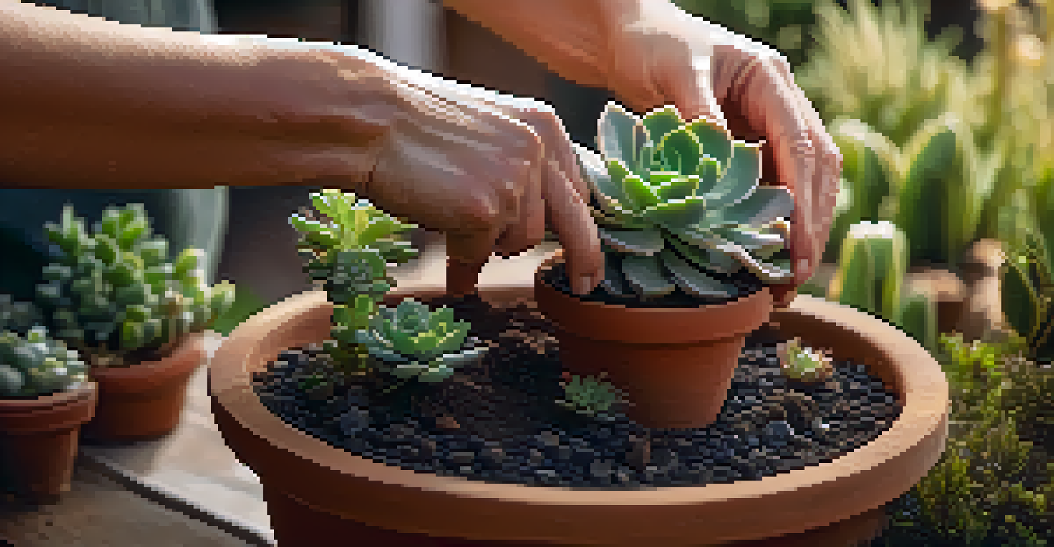 A close-up of hands checking the soil of a succulent plant in a sunny garden.