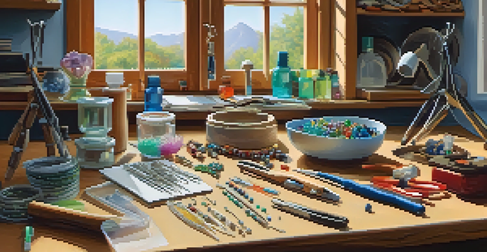 A well-organized jewelry making workspace with tools and materials illuminated by natural light.