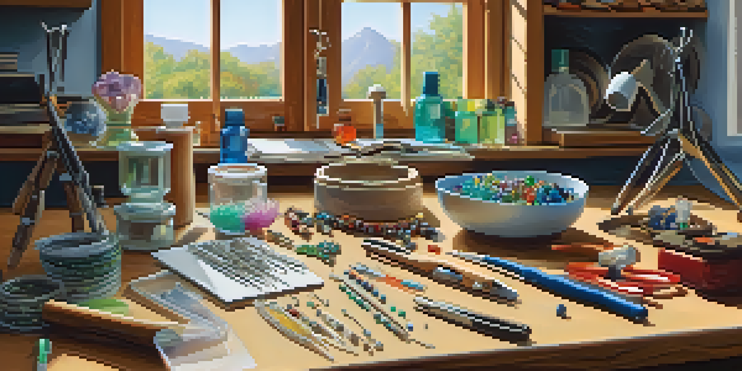 A well-organized jewelry making workspace with tools and materials illuminated by natural light.