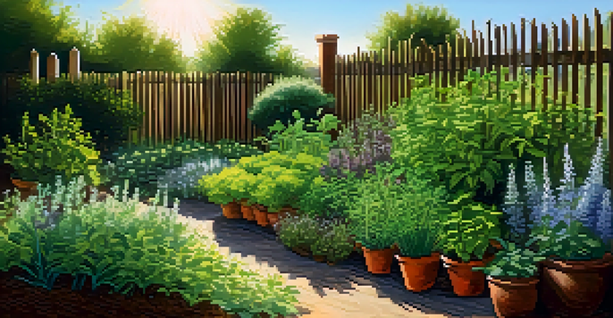 A lush herb garden featuring basil, rosemary, and thyme, illuminated by sunlight with a wooden fence in the background.