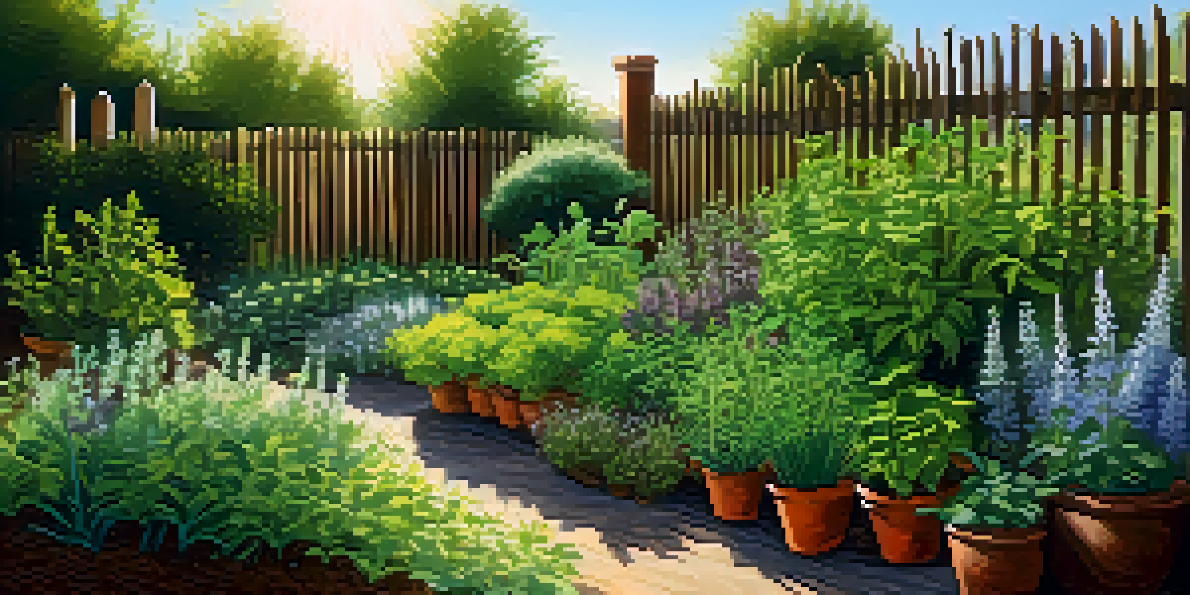 A lush herb garden featuring basil, rosemary, and thyme, illuminated by sunlight with a wooden fence in the background.
