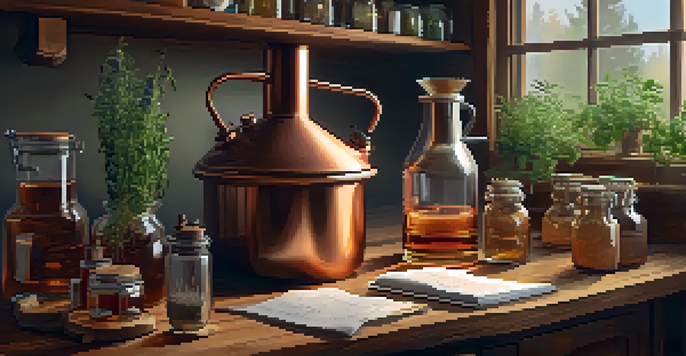A cozy kitchen with a copper still, herbs, and glass jars on a wooden countertop, under warm lighting.