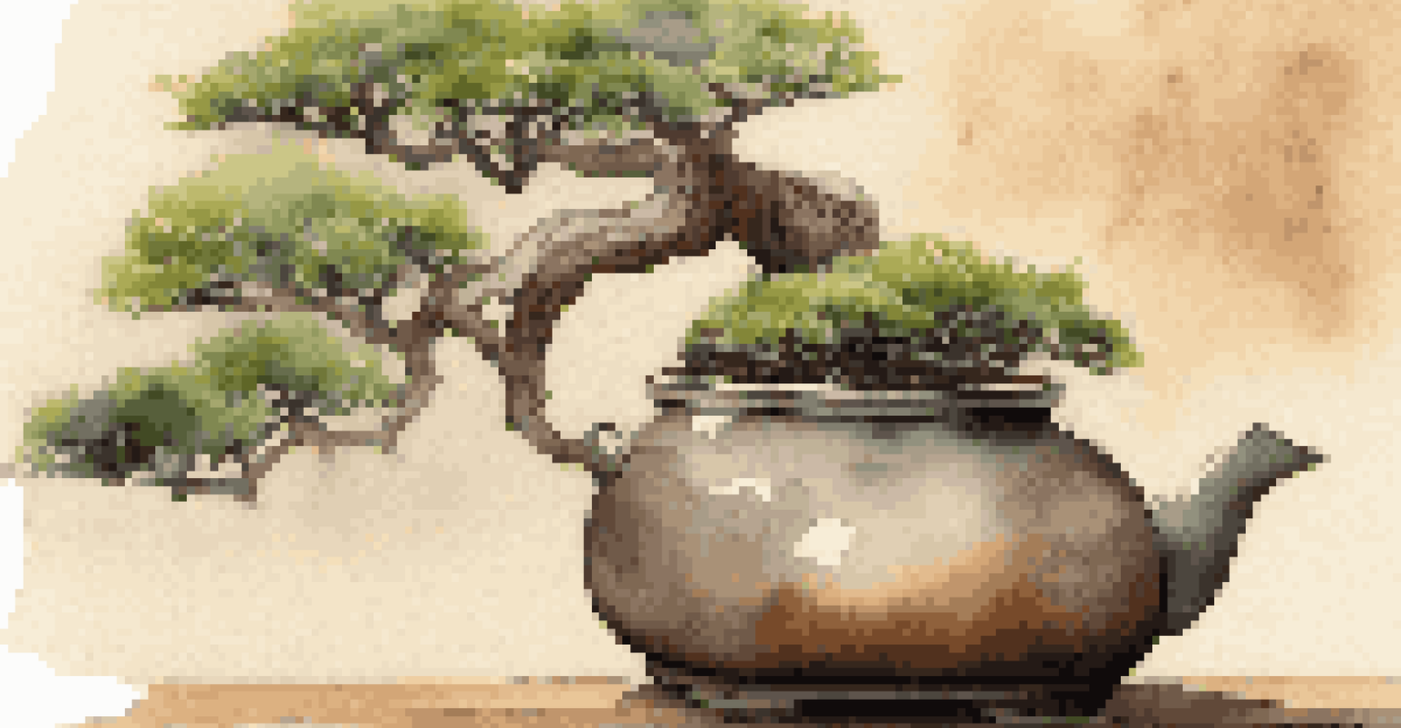 A bonsai tree in a unique recycled teapot as a pot, set against a rustic wooden background with soft ambient lighting.