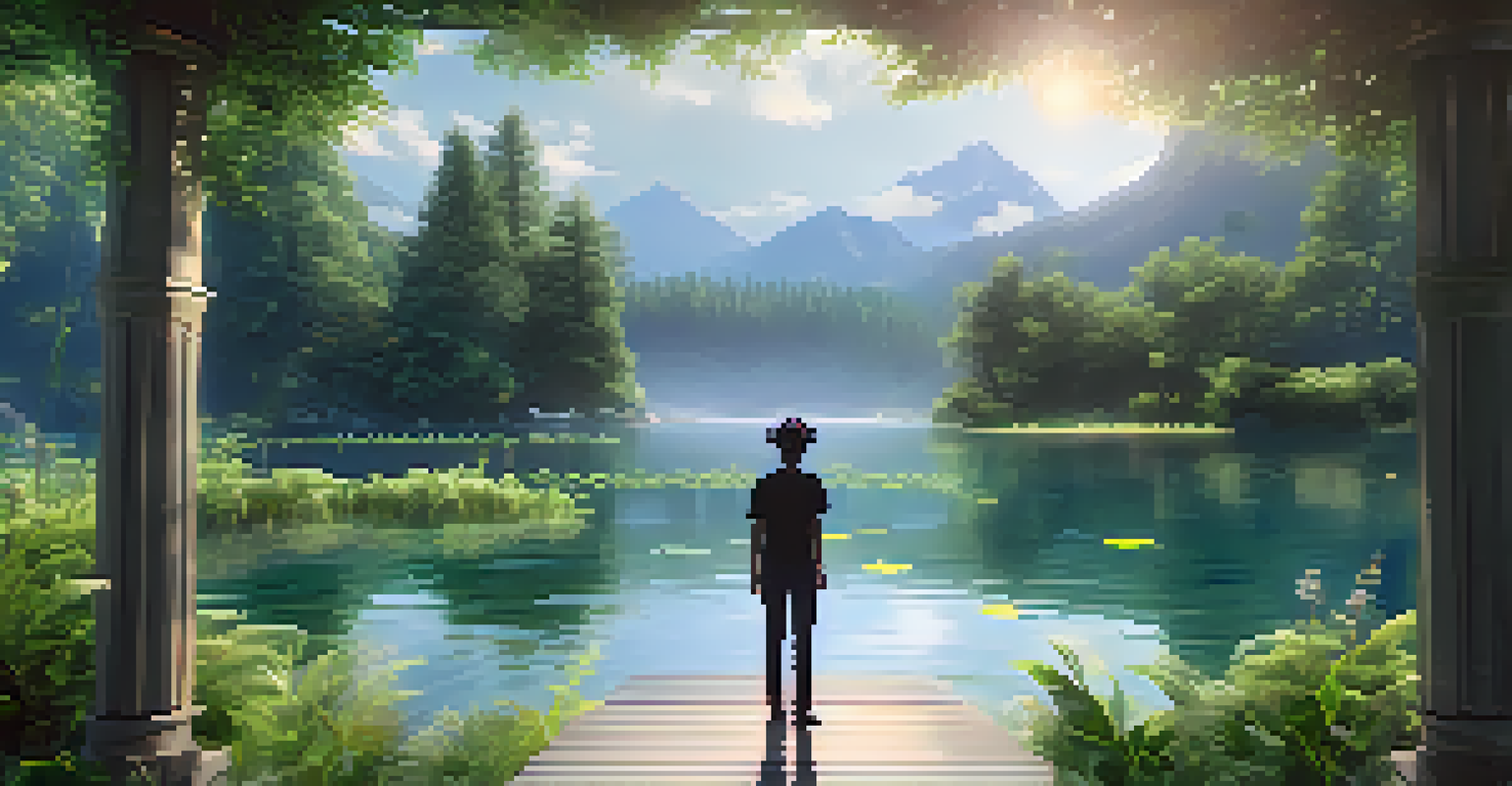 A tranquil virtual reality landscape with a lake, greenery, and a user exploring the scene.