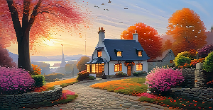 A peaceful autumn landscape featuring a historic village with a cobblestone path leading to a cottage, colorful leaves, and a sunset sky.
