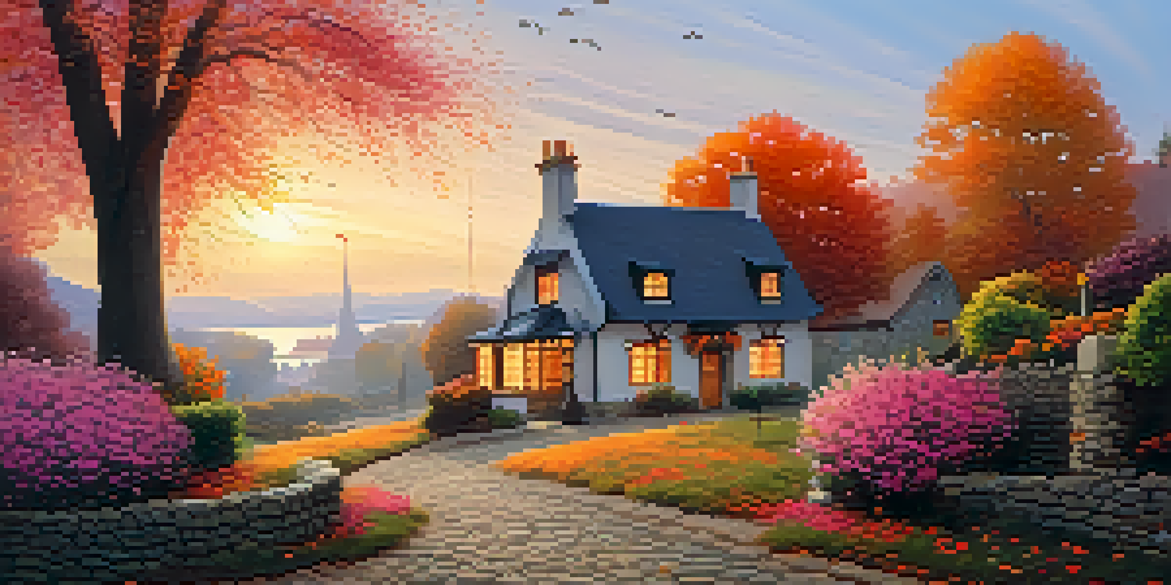 A peaceful autumn landscape featuring a historic village with a cobblestone path leading to a cottage, colorful leaves, and a sunset sky.