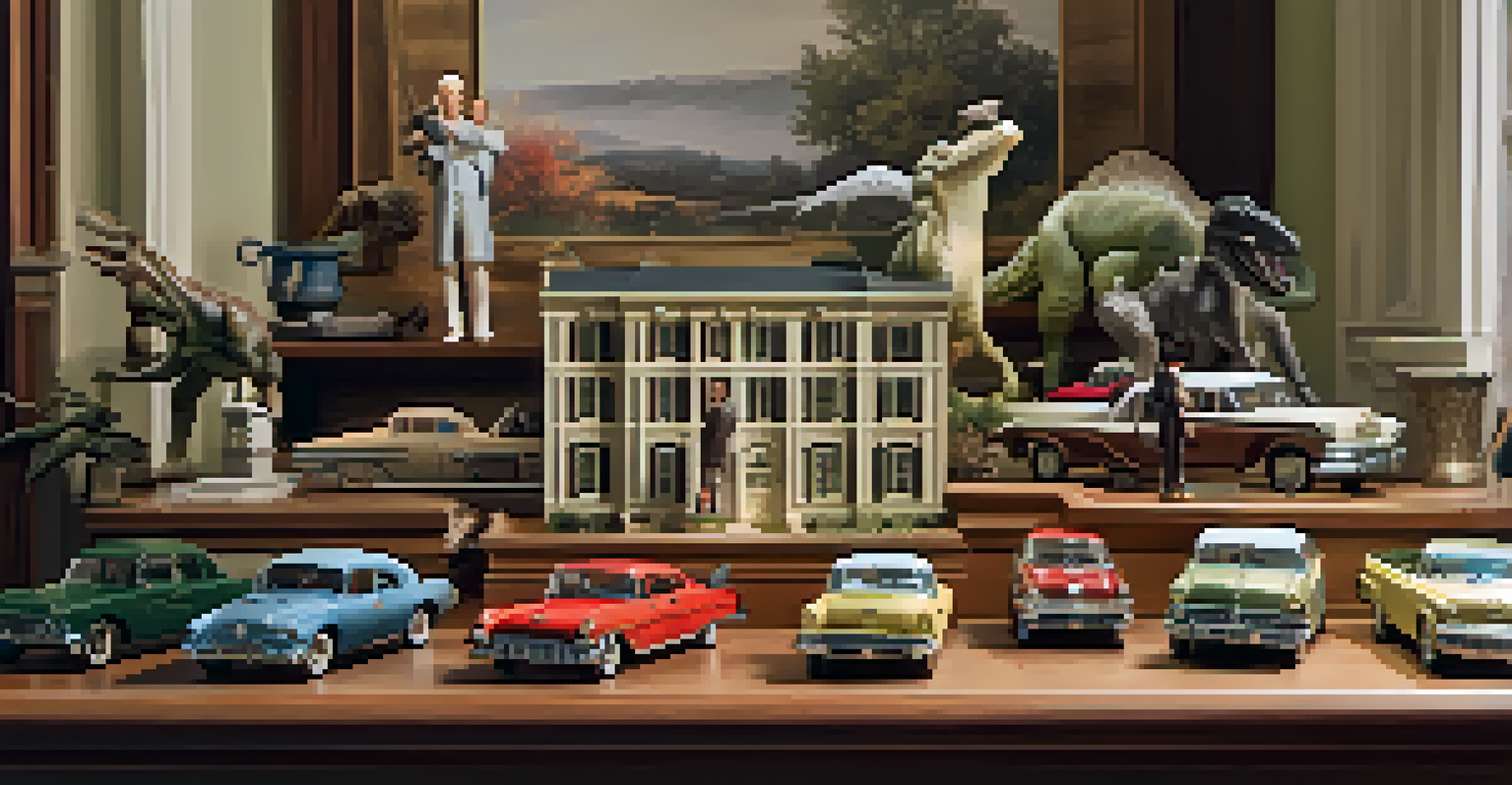 A display of completed scale models including a historic building, a classic car, and a dinosaur, along with a family photo in the background.