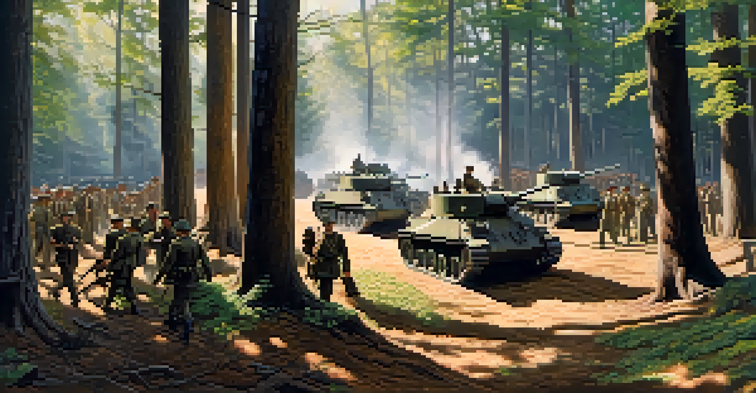 World War II soldiers in authentic uniforms strategizing in a forest setting during a reenactment.