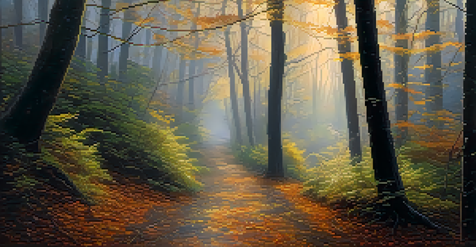 A peaceful forest at dawn with sunlight filtering through trees and a misty path.