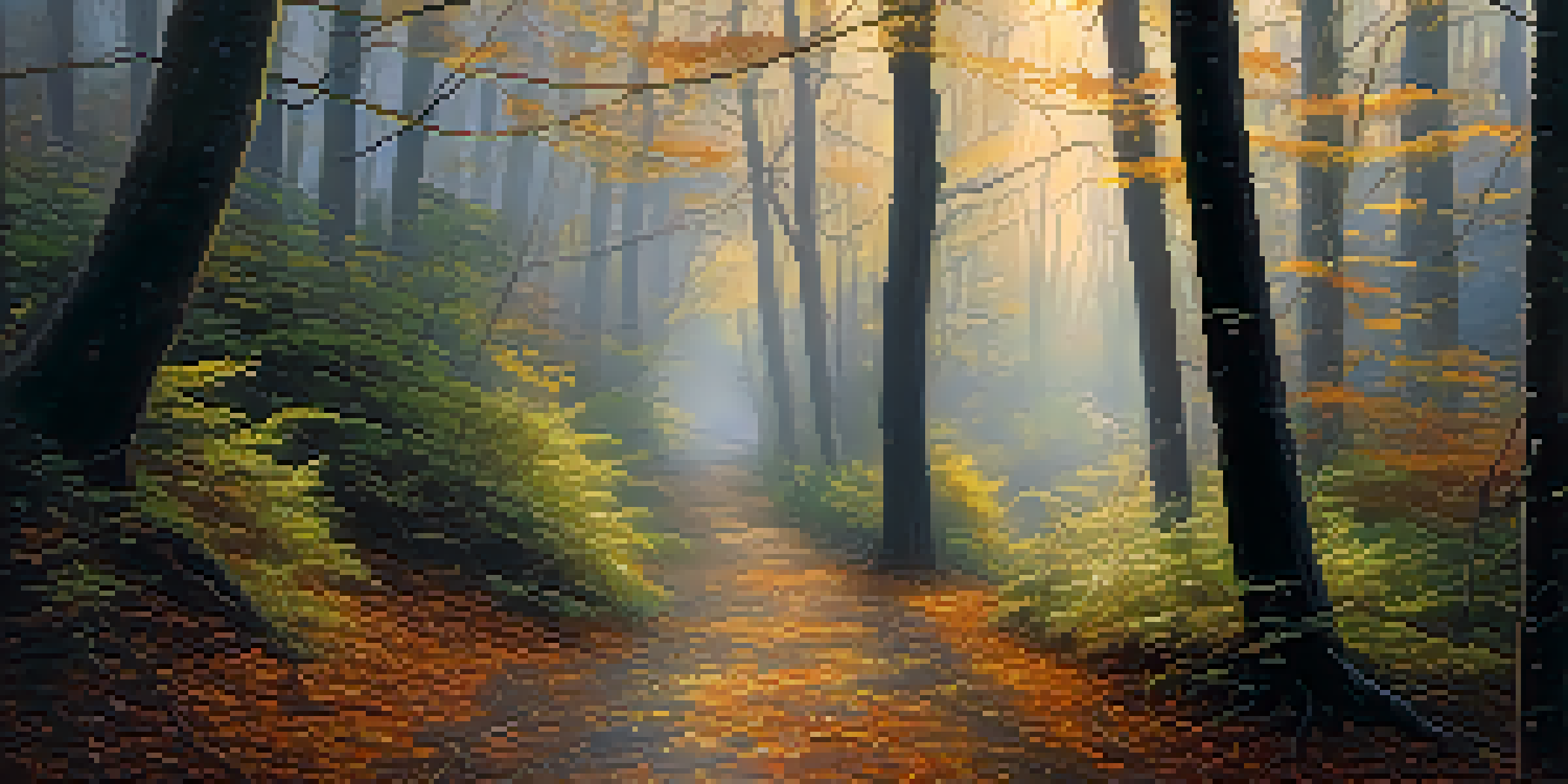 A peaceful forest at dawn with sunlight filtering through trees and a misty path.