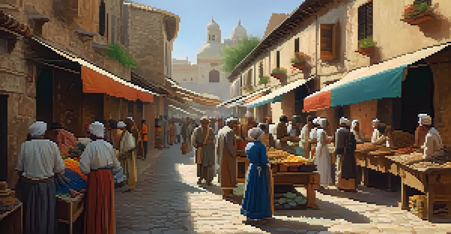 A lively historical marketplace filled with colorful stalls, people in traditional attire, and an old stone building in the background.
