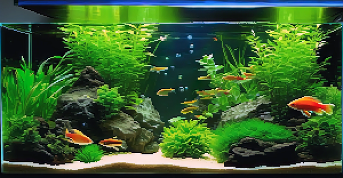 A 20-gallon aquarium filled with vibrant green plants and colorful fish, illuminated by soft lighting, creating a serene underwater scene.
