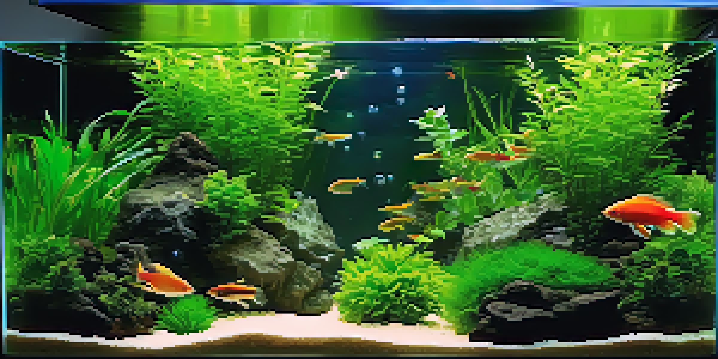 A 20-gallon aquarium filled with vibrant green plants and colorful fish, illuminated by soft lighting, creating a serene underwater scene.