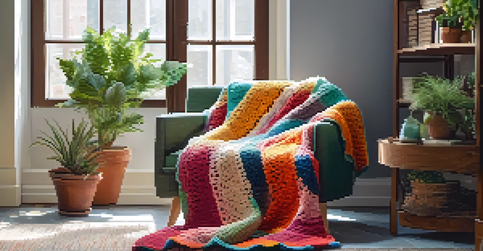 A cozy armchair with a colorful handmade crochet blanket draped over it, illuminated by soft natural light from a window, with a potted plant on a side table.