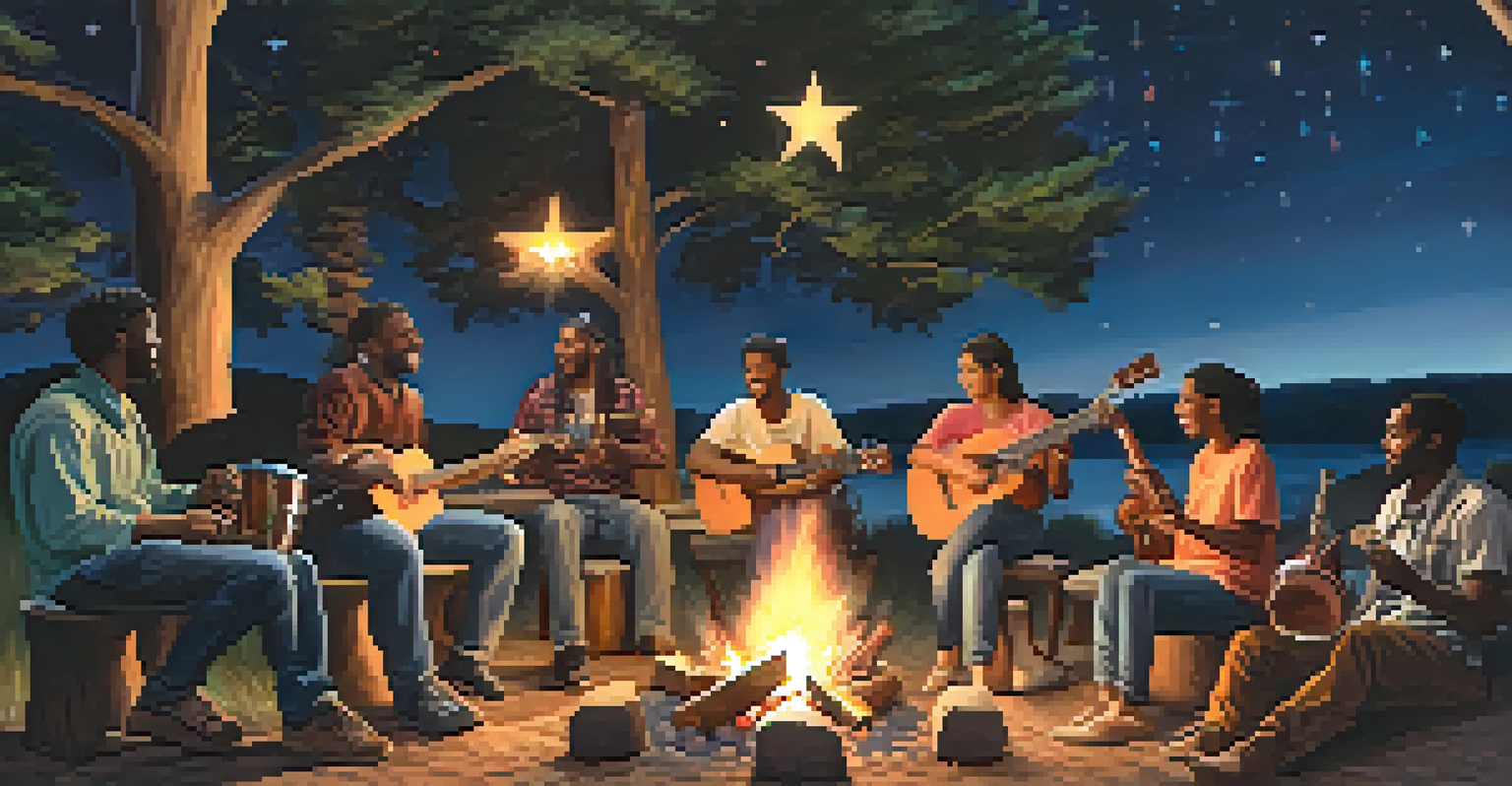 A group of diverse people playing musical instruments around a campfire under a starlit sky.