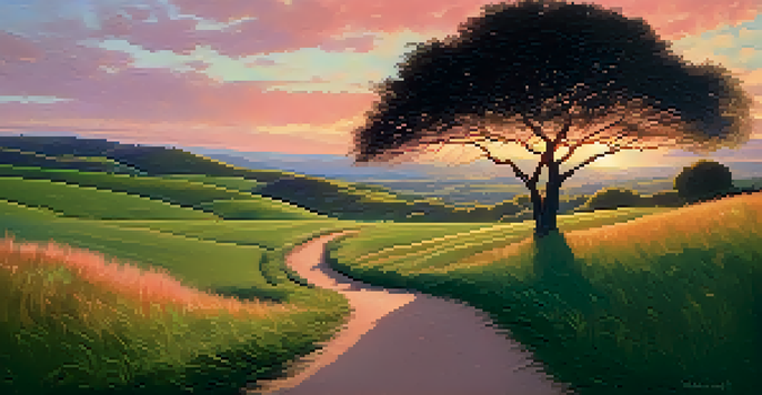 A tranquil landscape scene during golden hour, with rolling hills, a winding path, and a silhouetted tree.