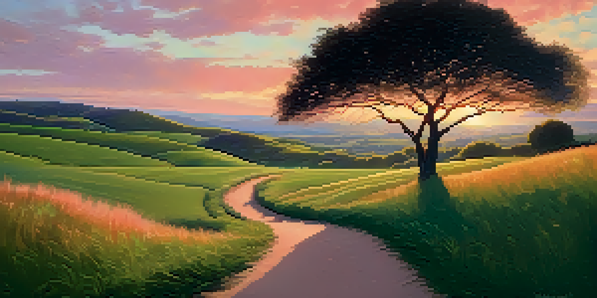 A tranquil landscape scene during golden hour, with rolling hills, a winding path, and a silhouetted tree.