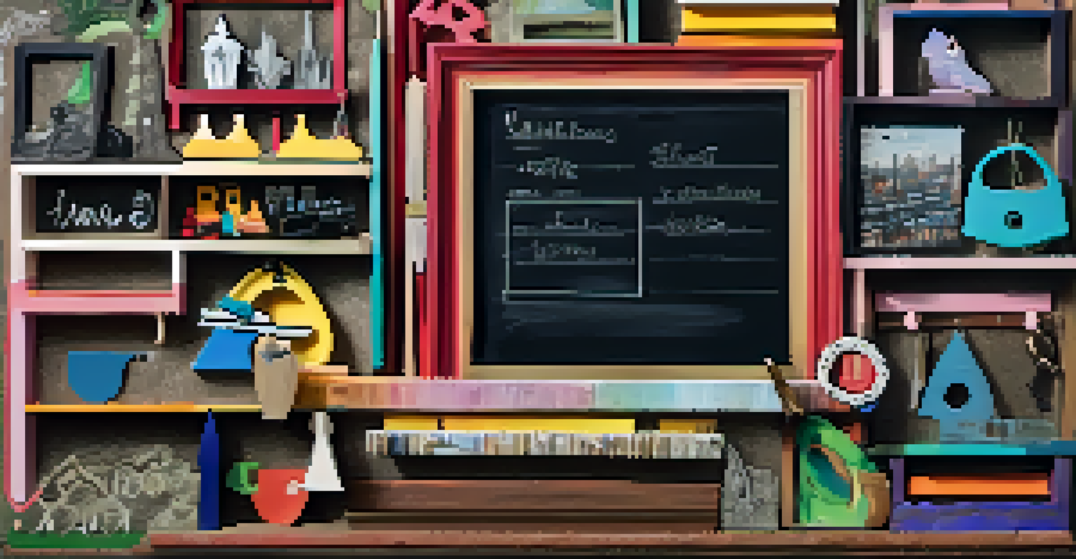 A wall displaying creative handmade wall art with a chalkboard, hooks for keys, and a photo shelf.