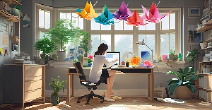 A digital origami artist working in a bright workspace, folding a colorful paper crane with a computer displaying origami designs.
