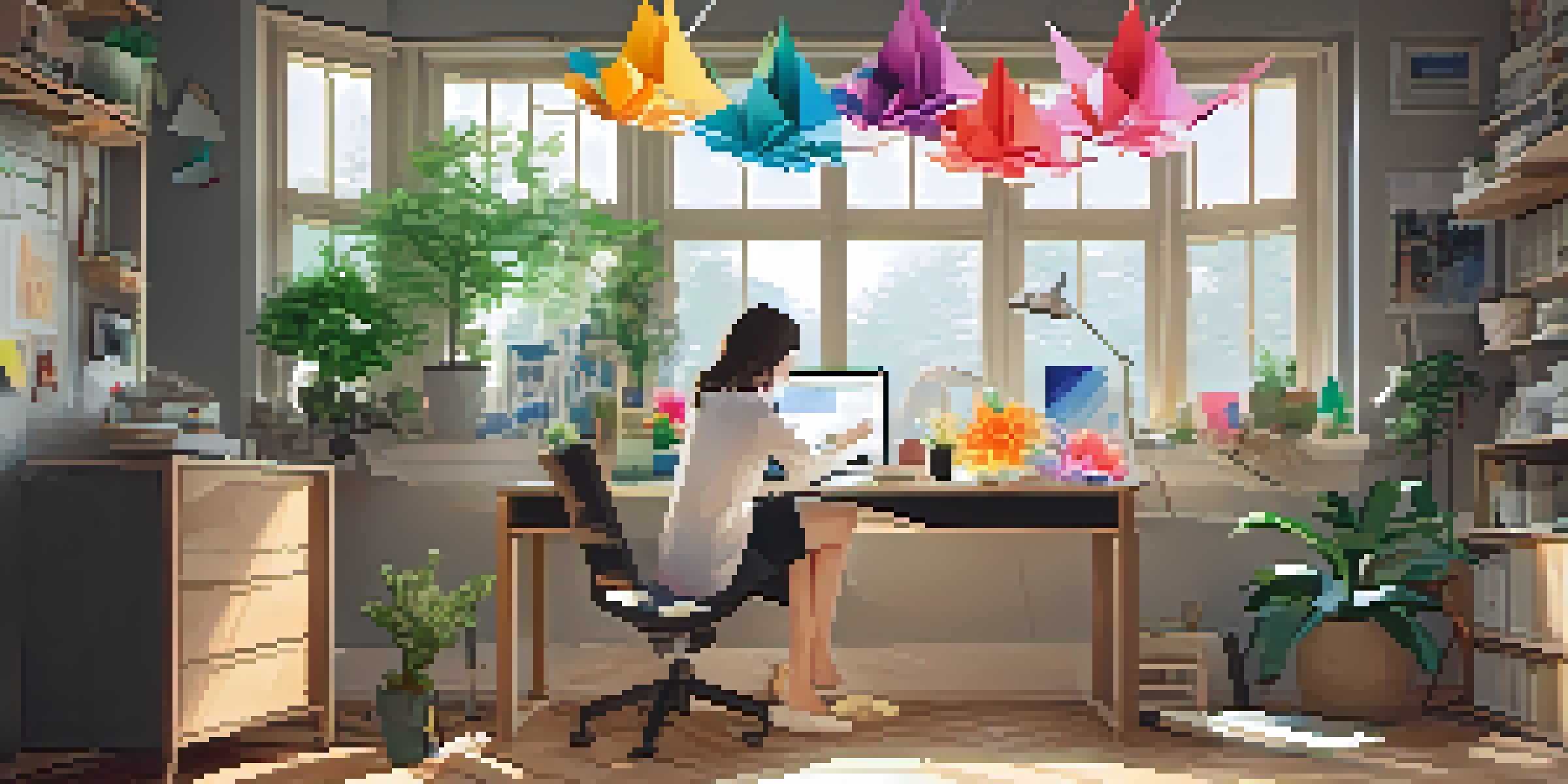 A digital origami artist working in a bright workspace, folding a colorful paper crane with a computer displaying origami designs.