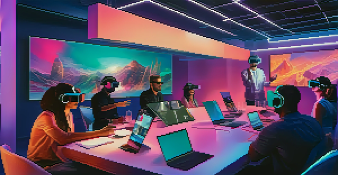 A group of diverse individuals engaged in a virtual reality meeting, wearing VR headsets and interacting in a high-tech environment.