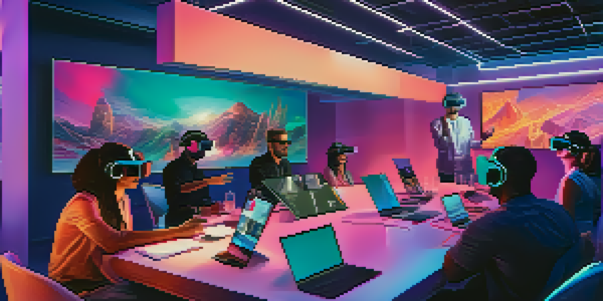 A group of diverse individuals engaged in a virtual reality meeting, wearing VR headsets and interacting in a high-tech environment.