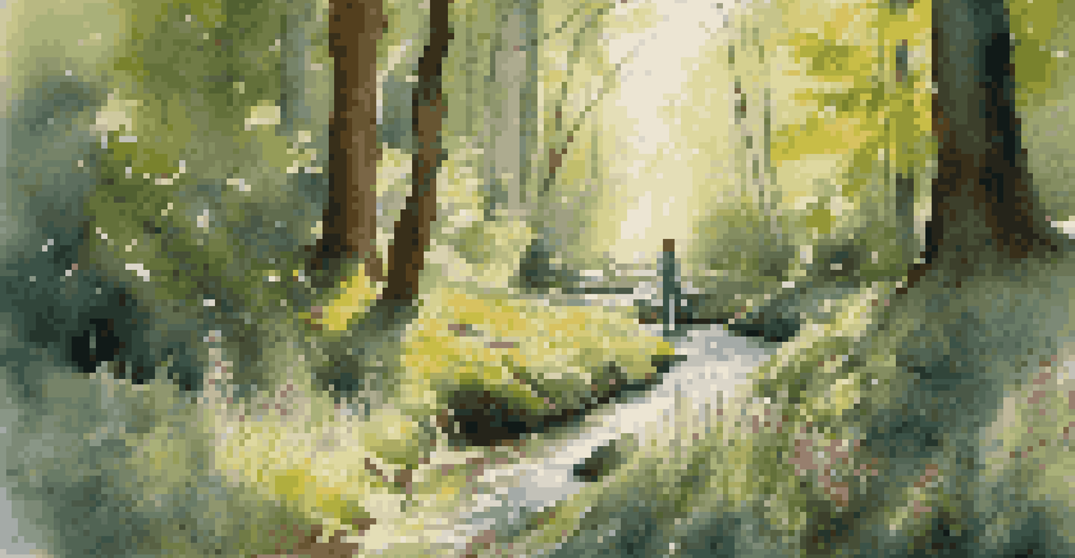 An artist sketching in a sunlit forest surrounded by greenery and colorful flowers.