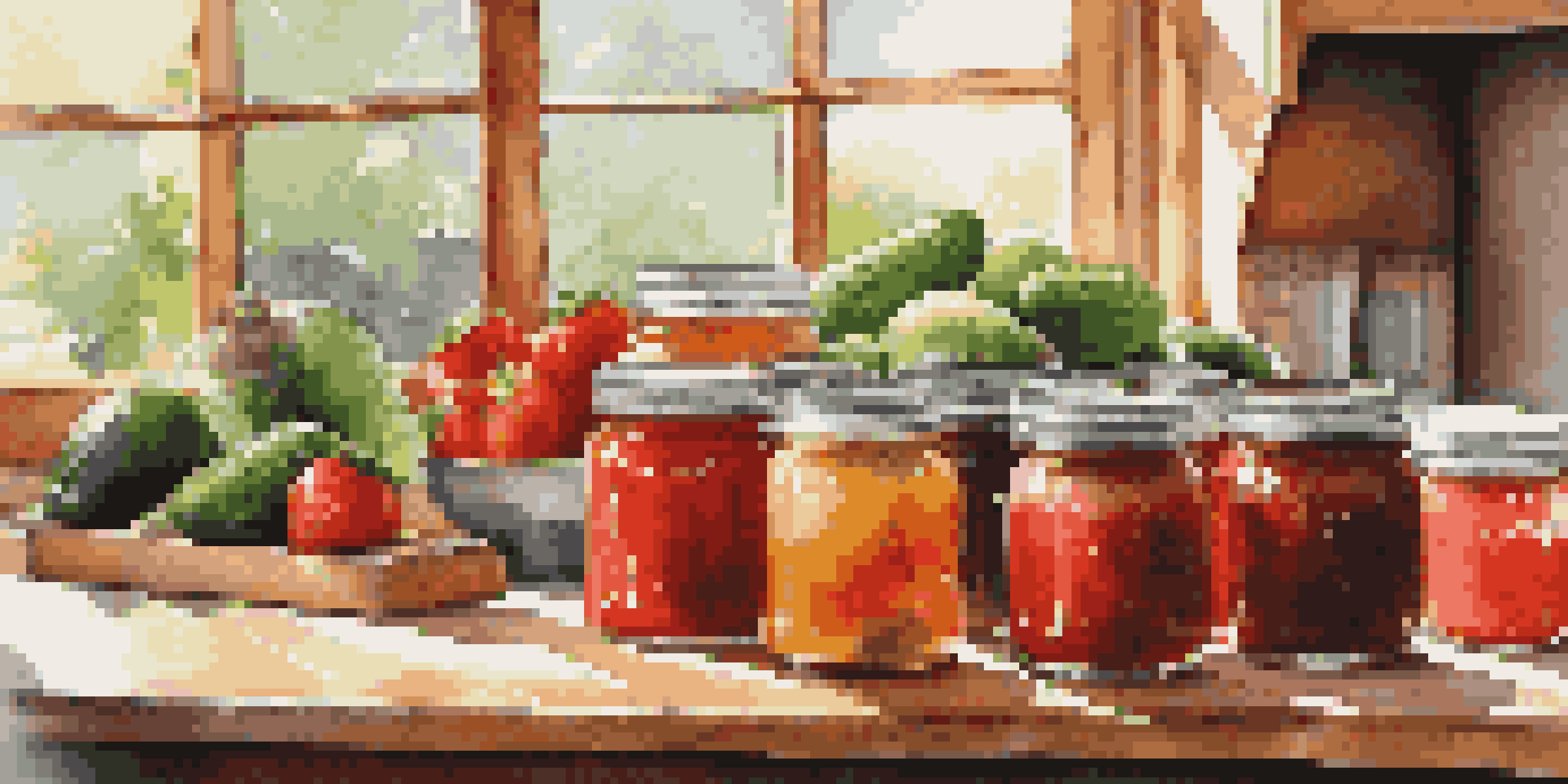A kitchen countertop displaying colorful jars of canned goods including strawberry jam, pickles, and tomato sauce, with fresh fruits and vegetables beside them.