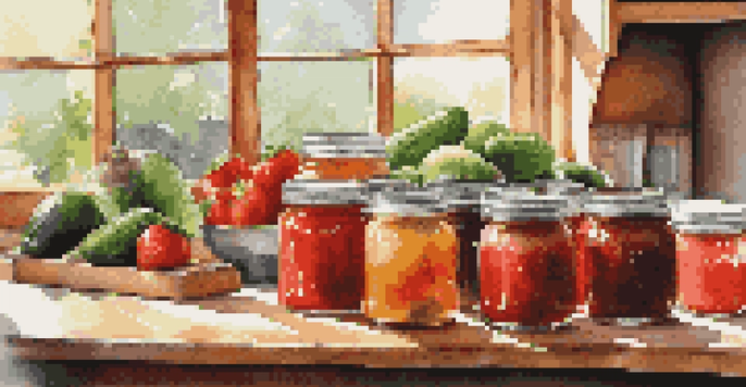 A kitchen countertop displaying colorful jars of canned goods including strawberry jam, pickles, and tomato sauce, with fresh fruits and vegetables beside them.