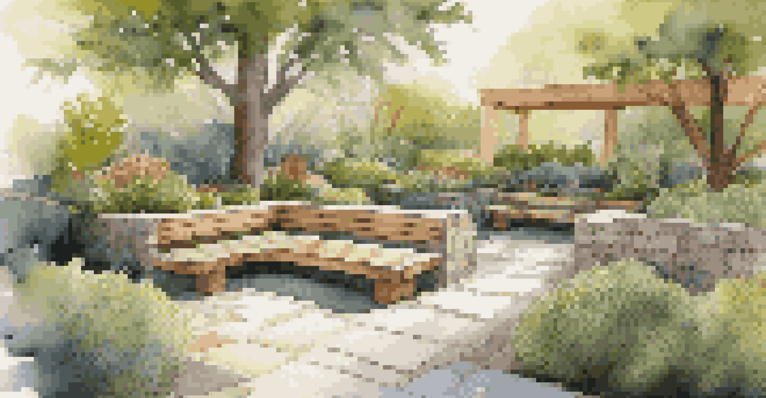 A tranquil landscape with sustainable hardscaping, including reclaimed wood benches and lush native plants.