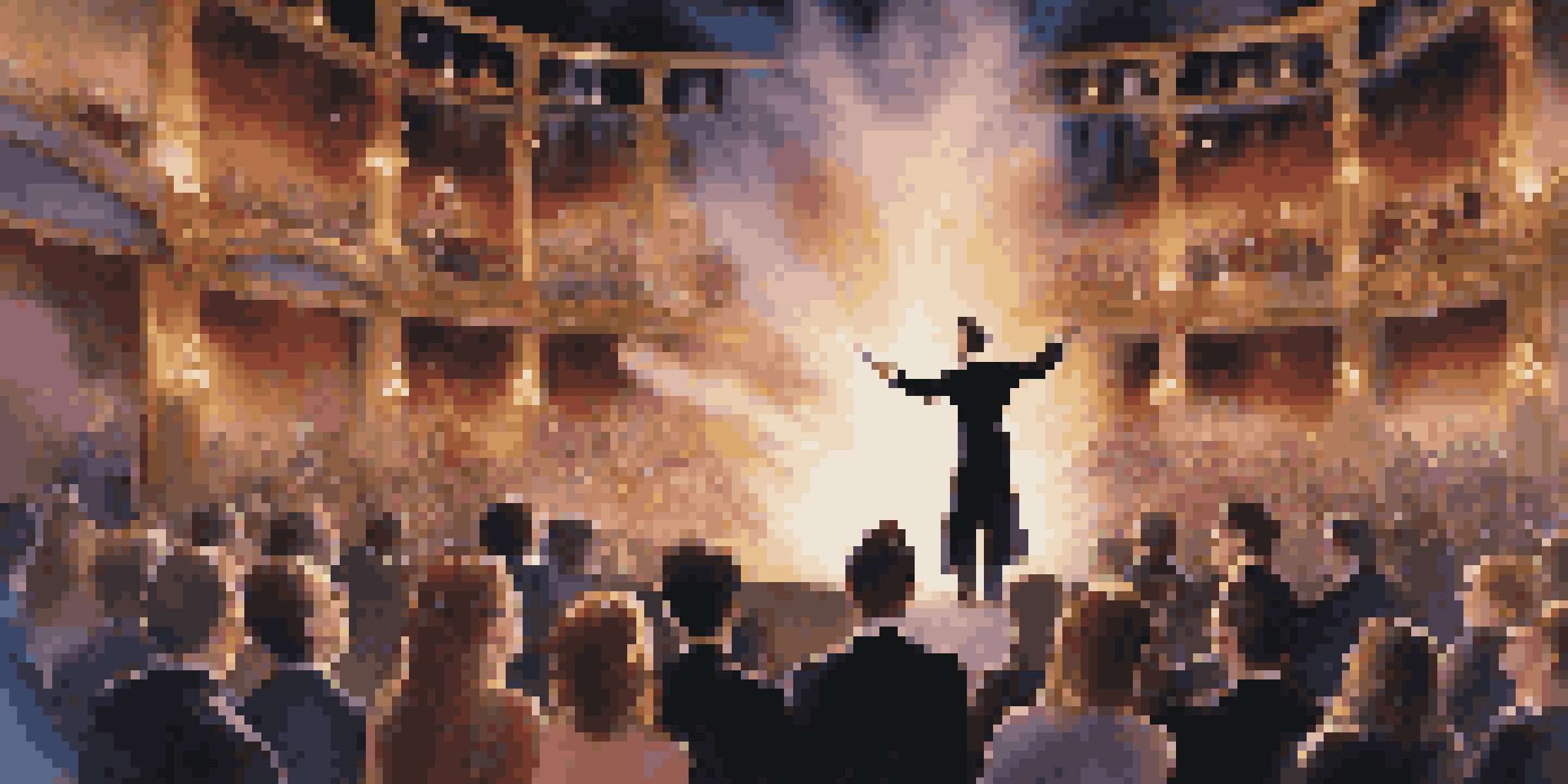 A magician in a tuxedo performing on stage, with colorful smoke and lights, captivating an amazed audience.