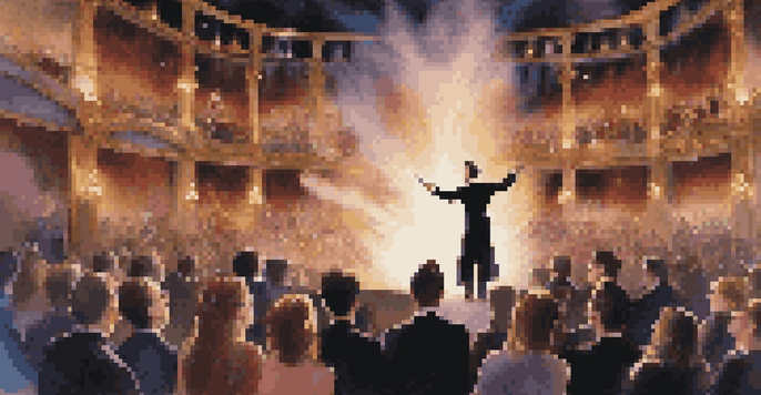 A magician in a tuxedo performing on stage, with colorful smoke and lights, captivating an amazed audience.