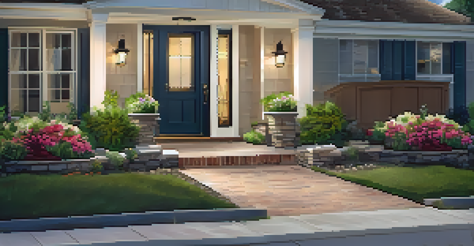 A beautifully landscaped front entrance with flowers and a stylish door, highlighted by soft outdoor lighting during sunset.