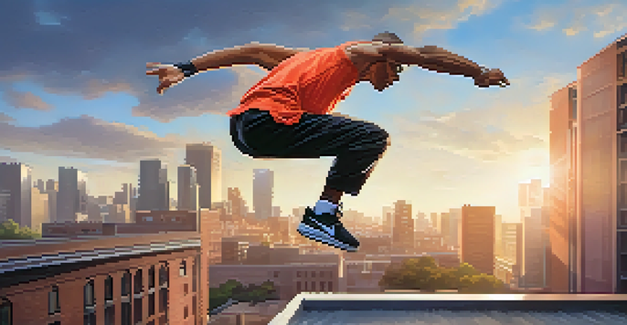 A parkour practitioner in mid-air performing a precision jump over a low wall, set against a soft-focus cityscape.