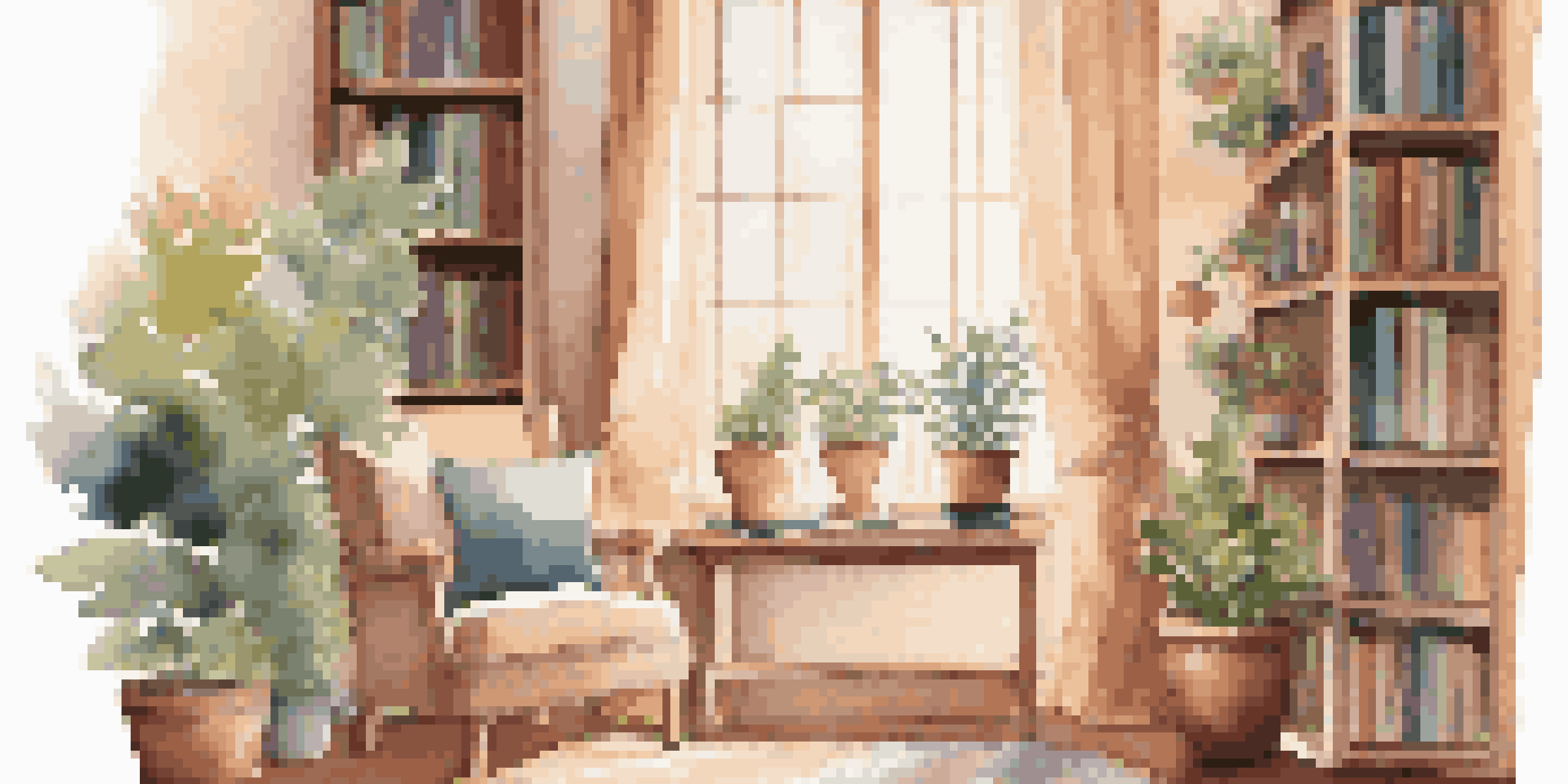 A bright and inviting reading nook featuring an armchair, bookshelves, a cup of tea, and a potted plant.