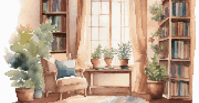 A bright and inviting reading nook featuring an armchair, bookshelves, a cup of tea, and a potted plant.