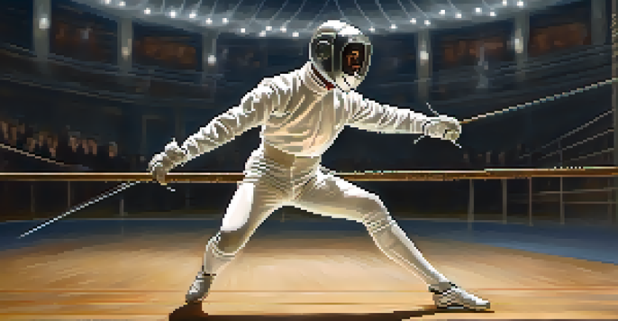 A fencer in protective gear standing defensively on a fencing piste with a blurred audience in the background.