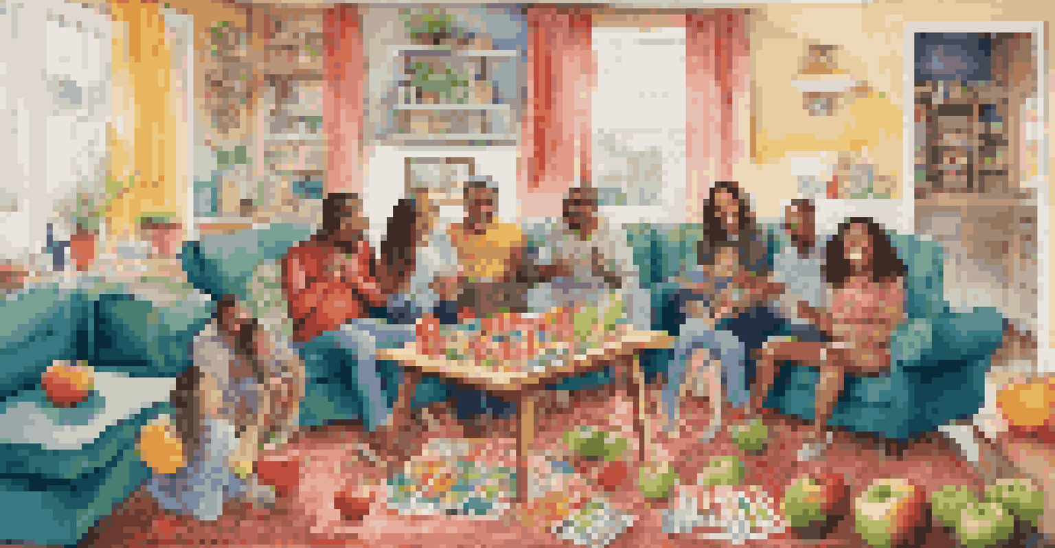A lively family gathering with members enjoying party games, filled with laughter and colorful decorations.