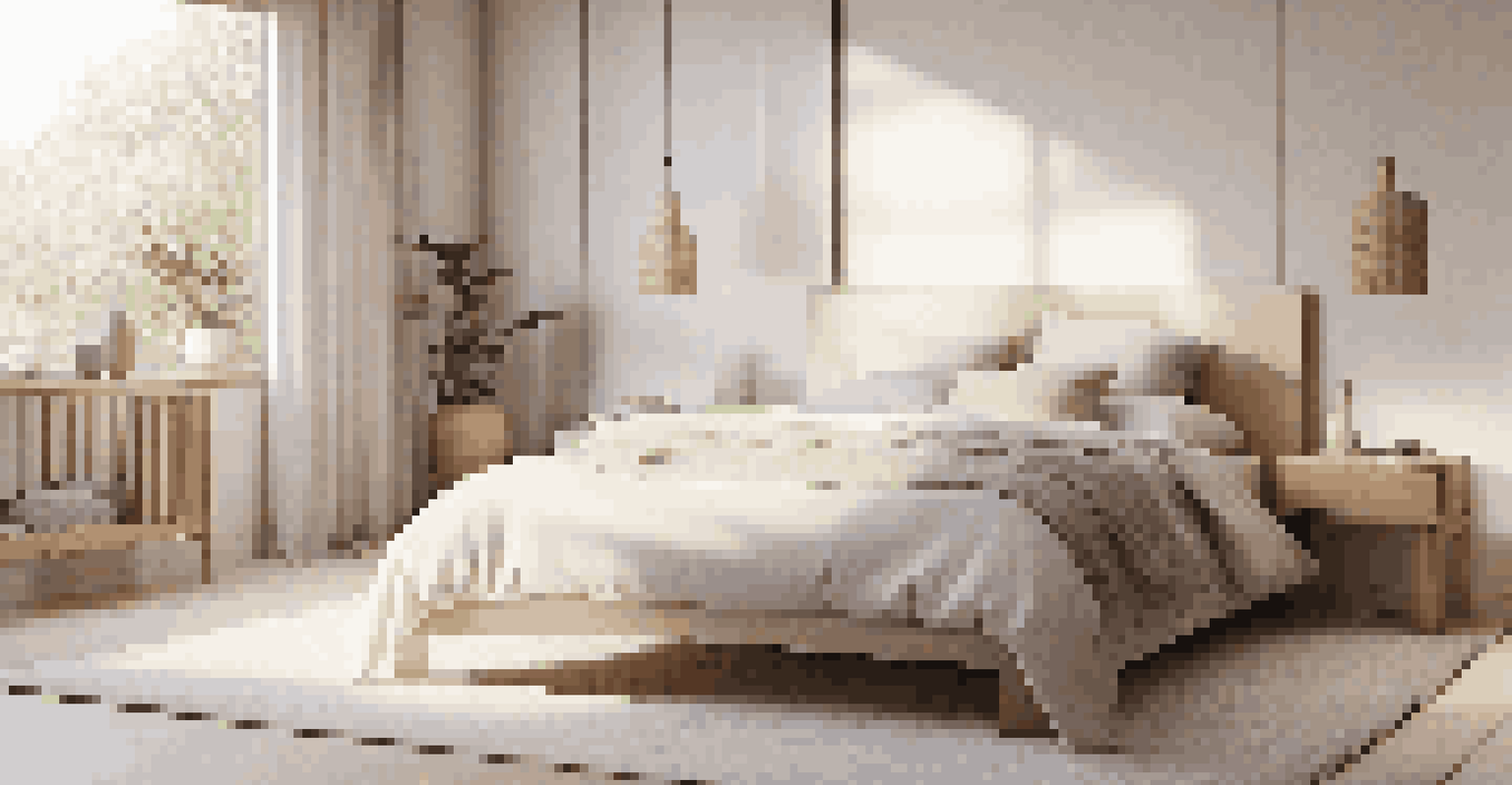 A minimalist bedroom with a muted flatweave rug under a bed, enhancing the serene and calming environment.