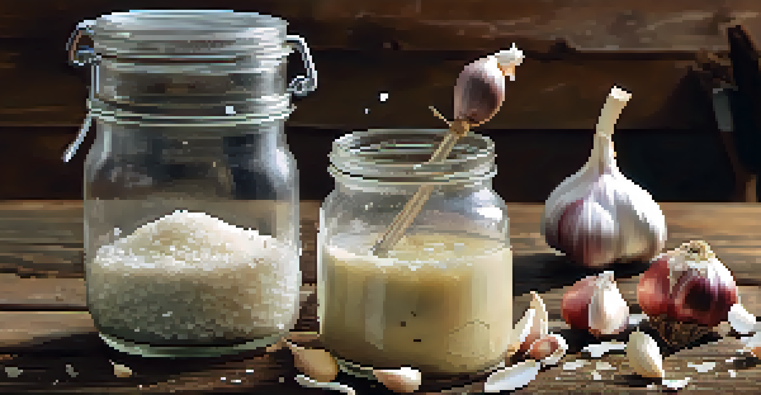 Close-up of a hand mixing crushed garlic with water in a jar, with garlic cloves and garden tools on a rustic table.